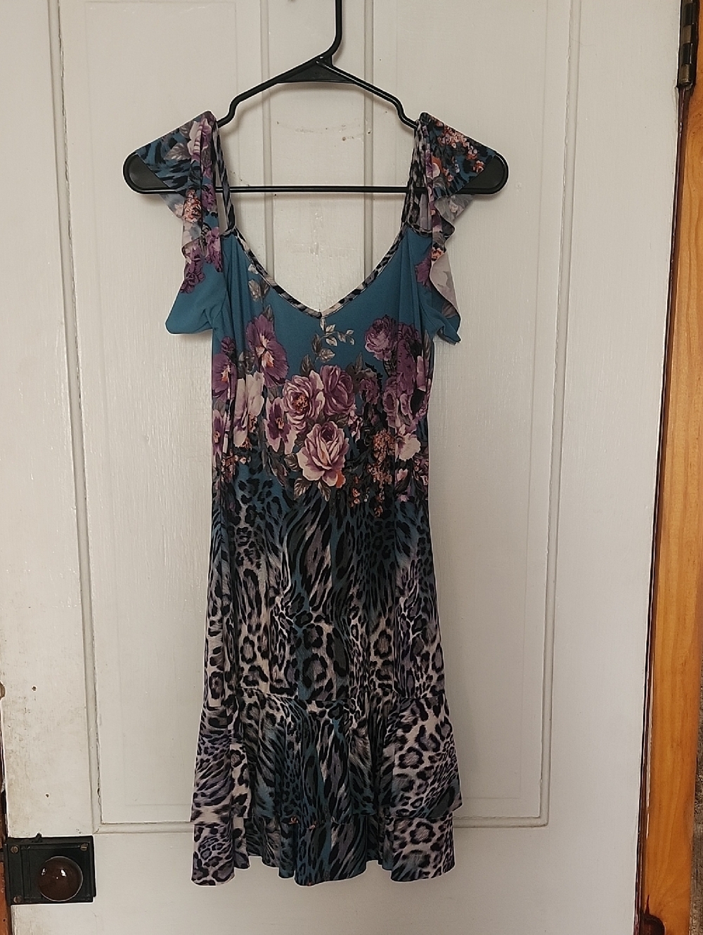 Tahari Teal and Purple One-Shoulder Floral & Animal-Print Dress